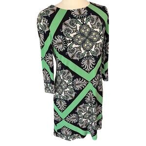 Donna Morgan Shift Dress Jersey Lined Knee Length Sz 10 Green Paisley Stretch